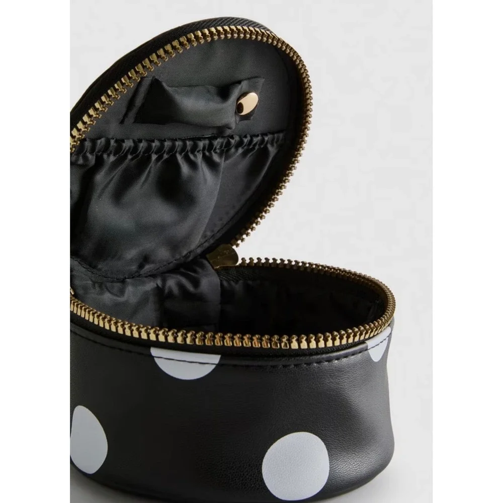 Disney Minnie Mouse Round Jewelry Travel Case Black Polka Dot Zip Organizer